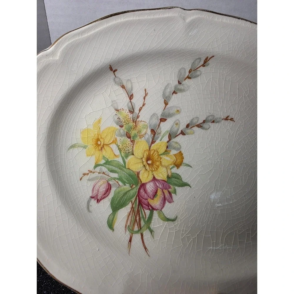Vintage Floral Ceramic Oval Serving Platter Daffodils Tulips Gold Rim 11.5in